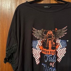 Motorcycle Graphic Tee with Fringe Sleeves